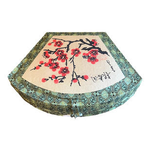 VINTAGE Chinese Calligraphy Set in Green Brocade Silk Fan Shaped Box